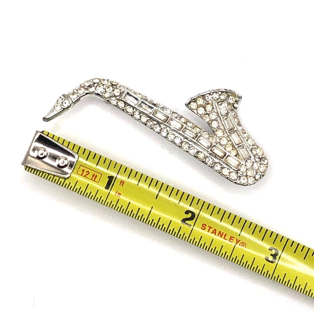 Vintage Silver Tone Rhinestone Saxophone Brooch Pin – Sparkle with Sax Appeal! - Picture 9 of 10